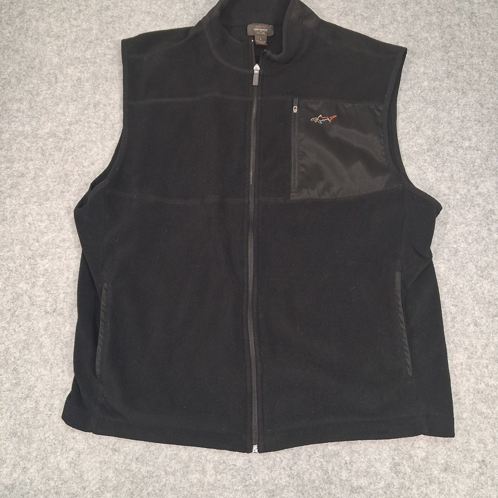 Greg Norman Fleece Vest Mens Large Black‎ Full Zip Shark Logo Tasso Elba